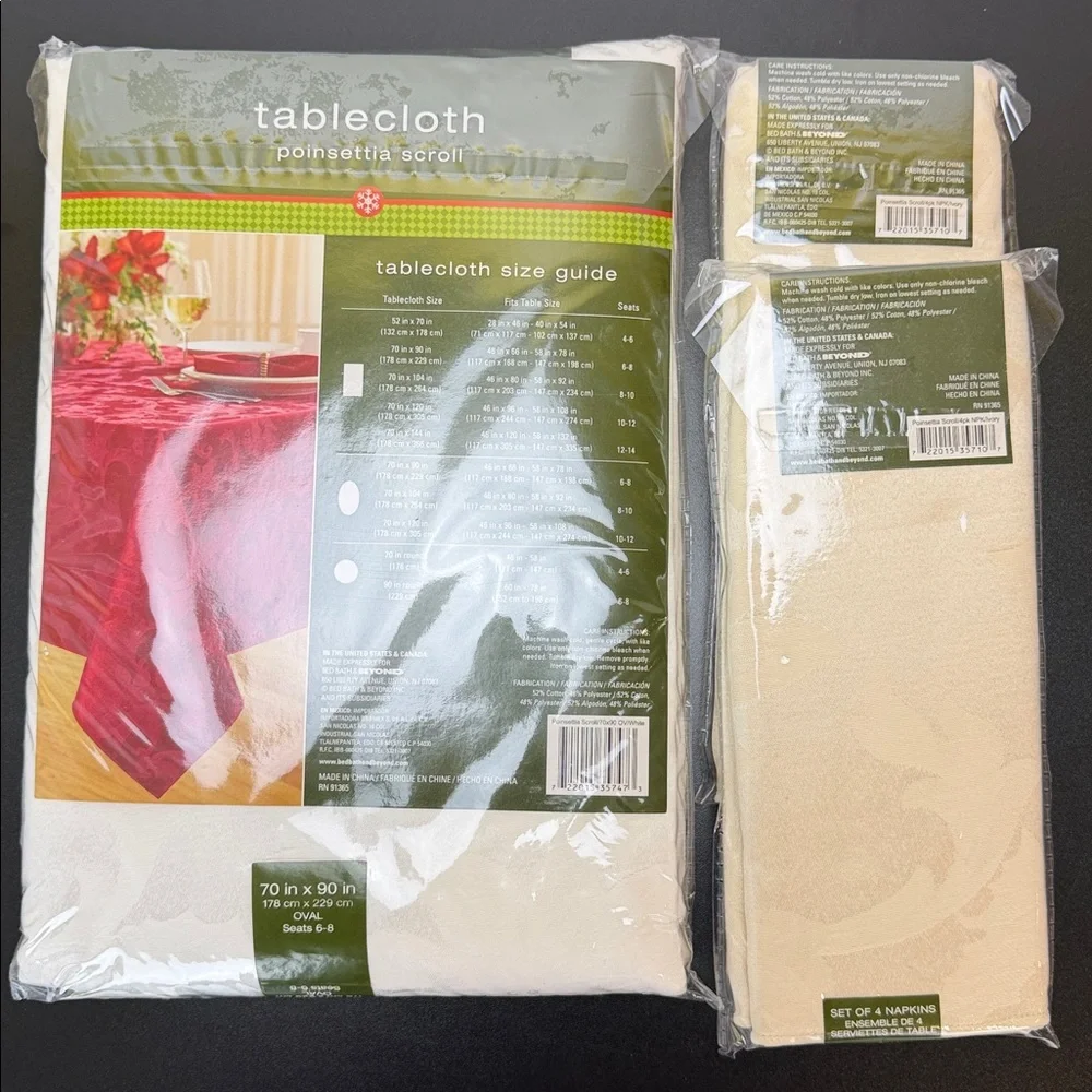 Bed Bath Beyond Poinsettia Scroll 70X90 Oval White Tablecloth &‎ 8 Ivory Napkins